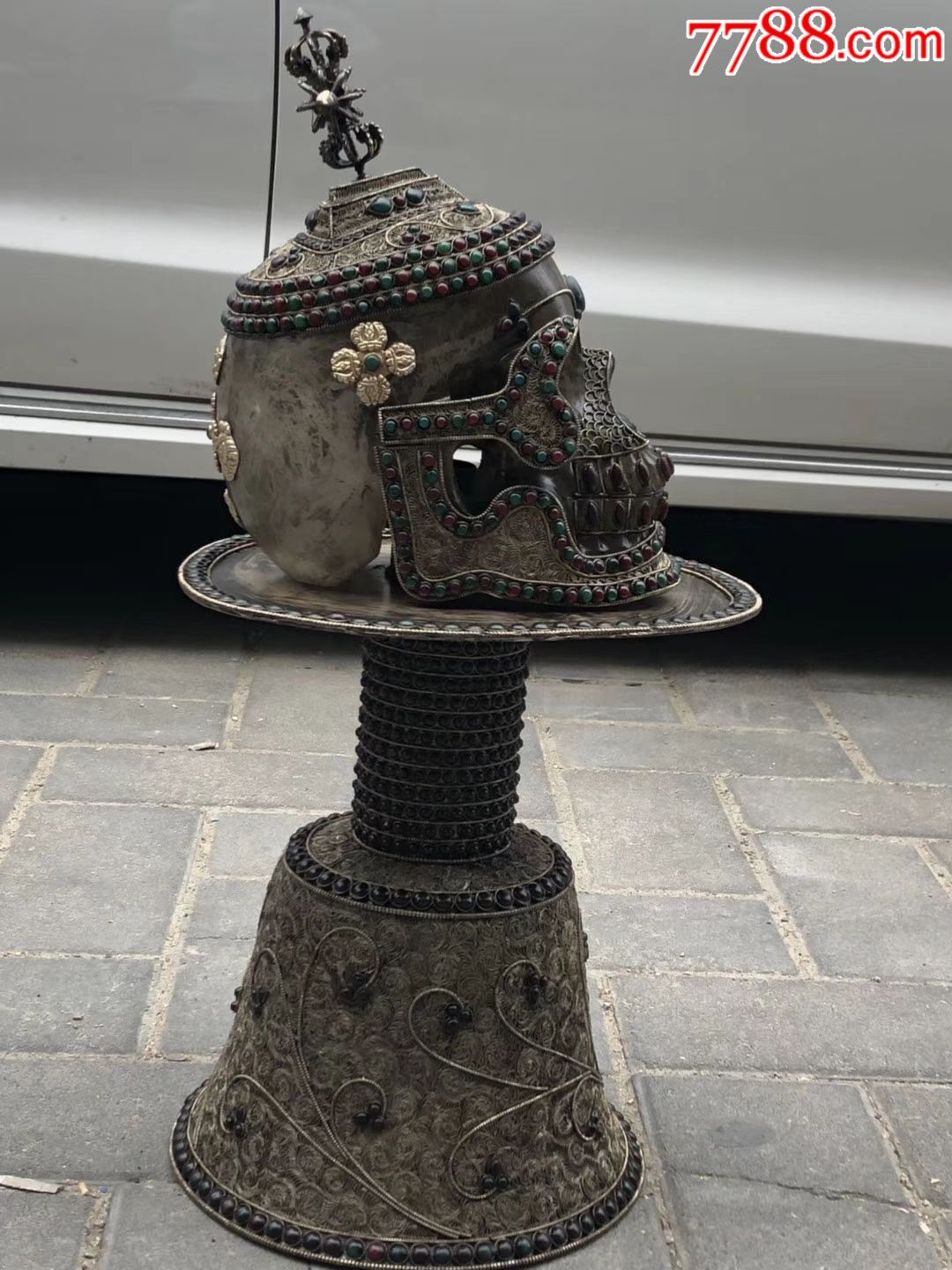 藏密实修法器卍尸陀林法器天然水晶一体雕刻尸陀林藏银敲打佛台镶嵌