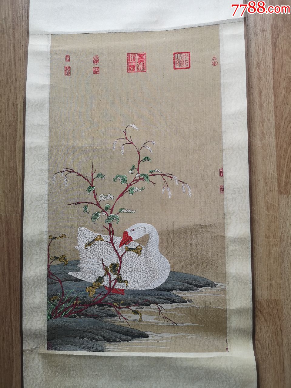 台湾仿古艺术缂丝画宋徽宗红蓼白鹅图