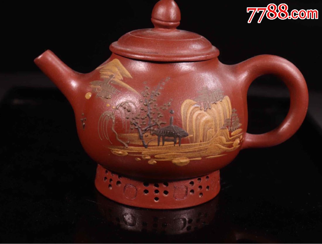 【民国泥绘风景图紫砂壶】