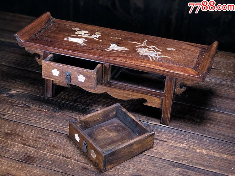 花梨木雕刻戏水鸳鸯小案台实木硬木家居客厅书房复古茶台摆饰摆件