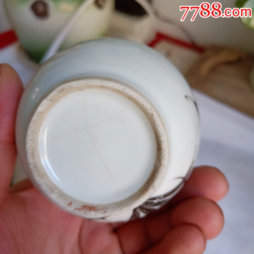 晚清民国名家松竹轩作品粉彩花卉文房用具渣斗口有磕冲轻微炸底如图包