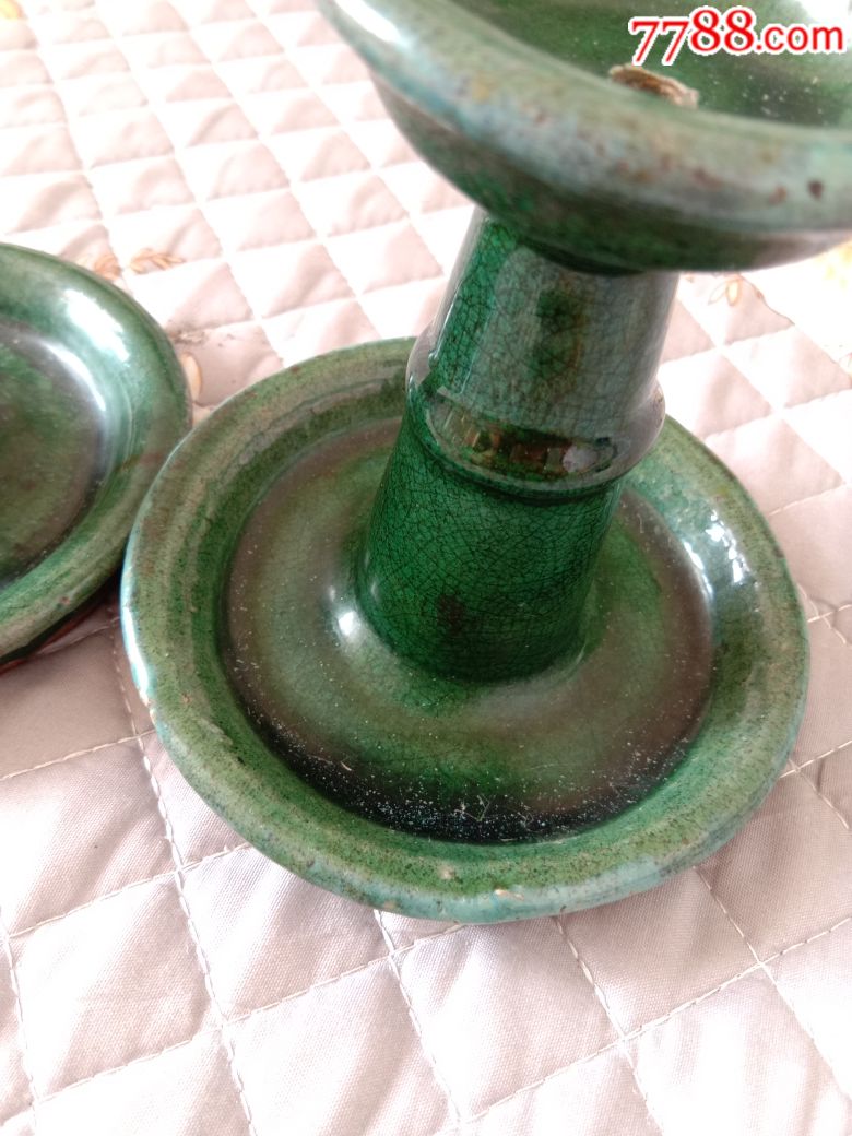 全品清代绿釉灯台一对