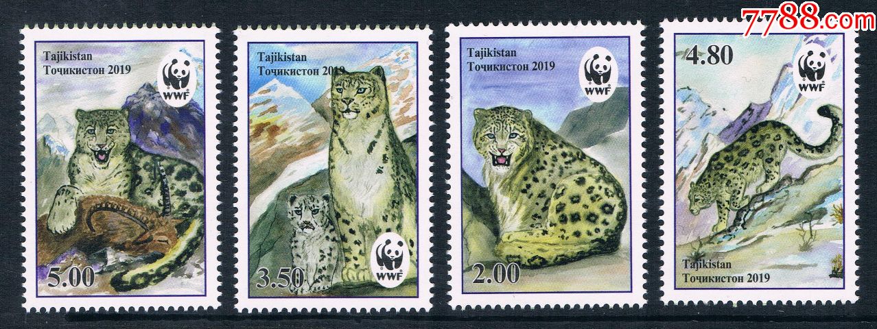 塔吉克斯坦邮票熊猫徽wwf动物雪豹新4全2019年