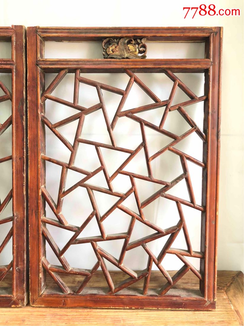 【民国】精美格子花窗一对