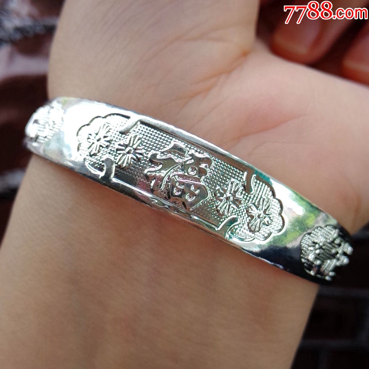 吉祥如意银手镯女纹银纯银手镯千足实心开口百福银镯子送妈妈女友礼物