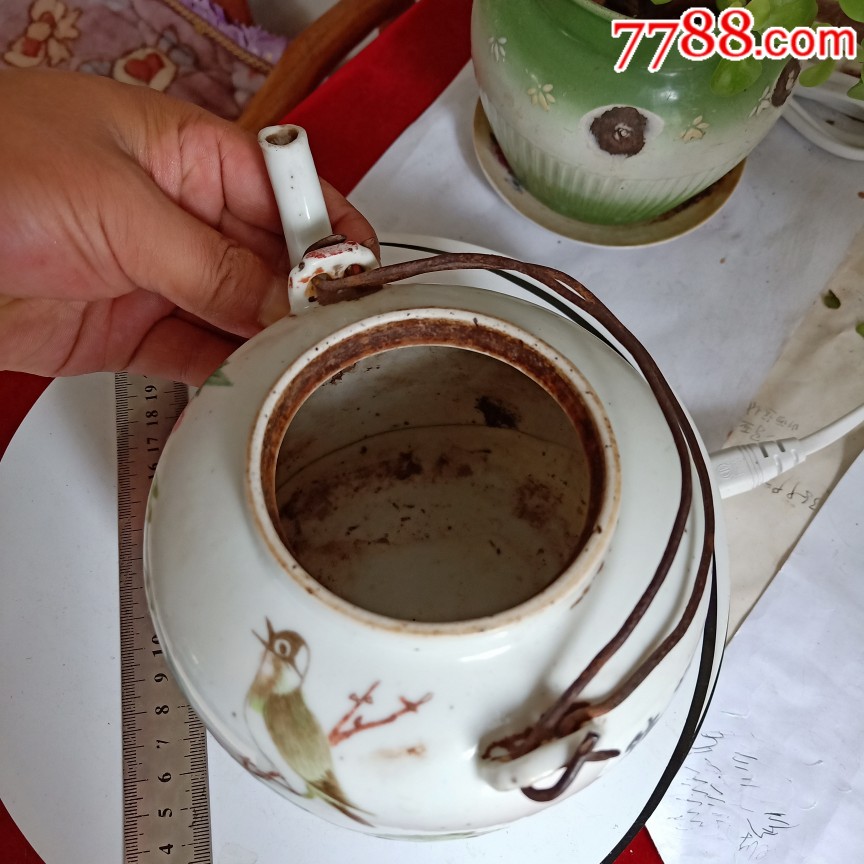 晚清名家陈光辉作品浅绛彩富贵白头提梁壶