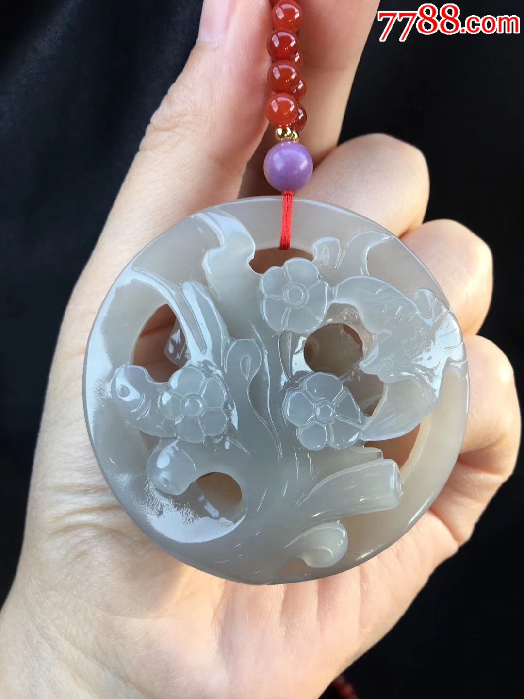 新品【特惠】天然和田玉烟紫料花开富贵梅花喜鹊喜上眉梢吊坠挂件