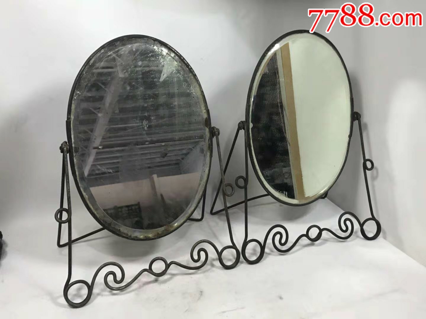 民国椭圆包边老镜子一对极品!削边玻璃支框精美全品包老!
