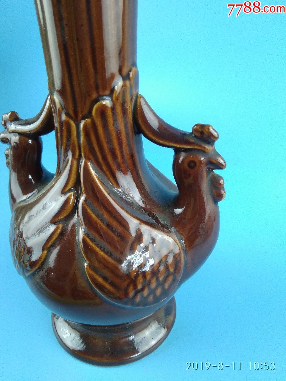 80年代博山窑酱釉凤凰耳花瓶摆件(有缩釉)