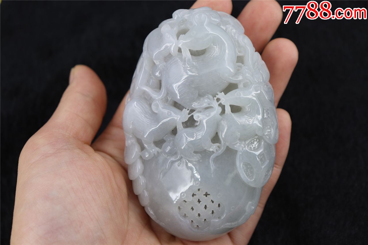 商店旧藏明清古玉老玉类，翡翠镂雕五鼠运财手把件_和田玉_湖北钟祥市