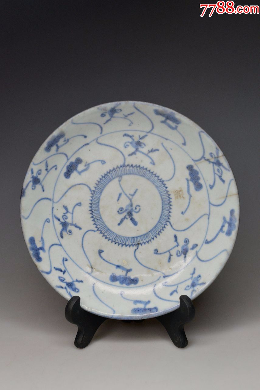 清代青花盘缠枝莲灵芝盘古玩古董小碟子老瓷器老盘子收藏手绘老瓷