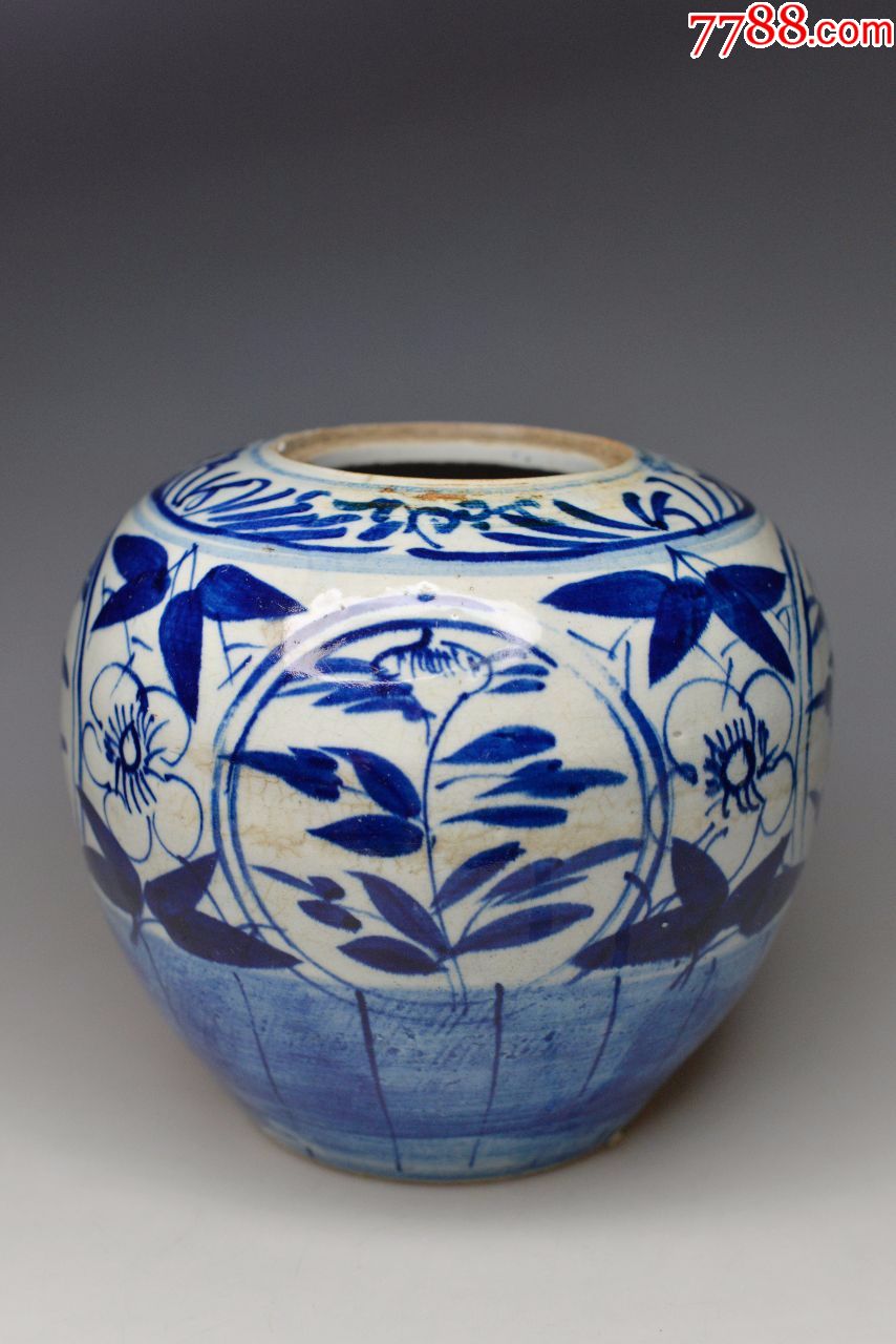 青花花卉留白人头罐老瓷罐子古玩古董收藏品缠枝莲老罐子