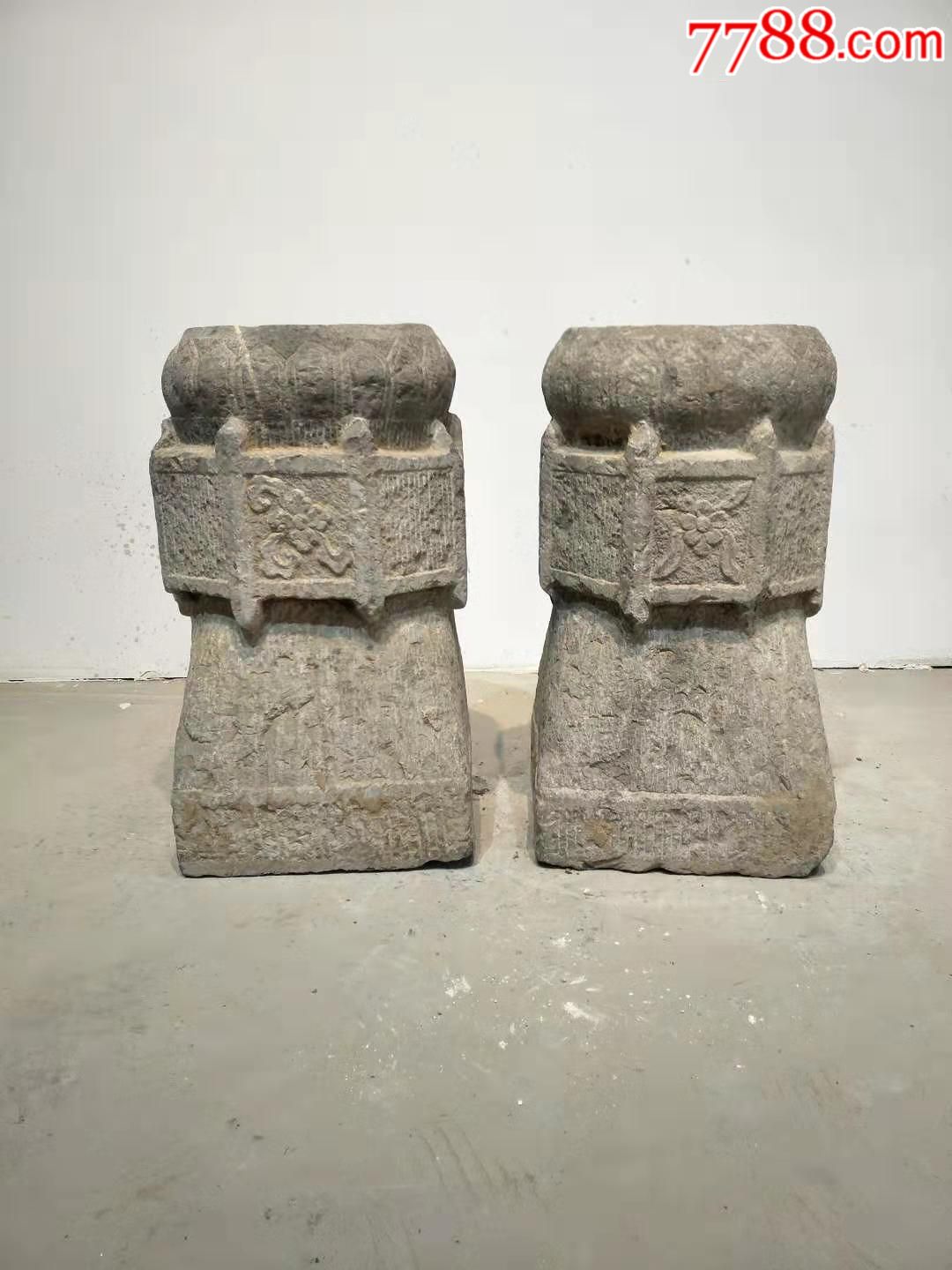 明代青石柱墩一对品相一流皮克老辣尺寸直径27高52