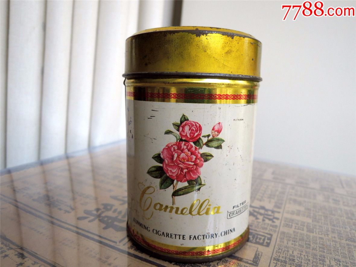 烟具收藏1908昆明卷烟厂早期铁盒听装茶花牌包装盒繁体标