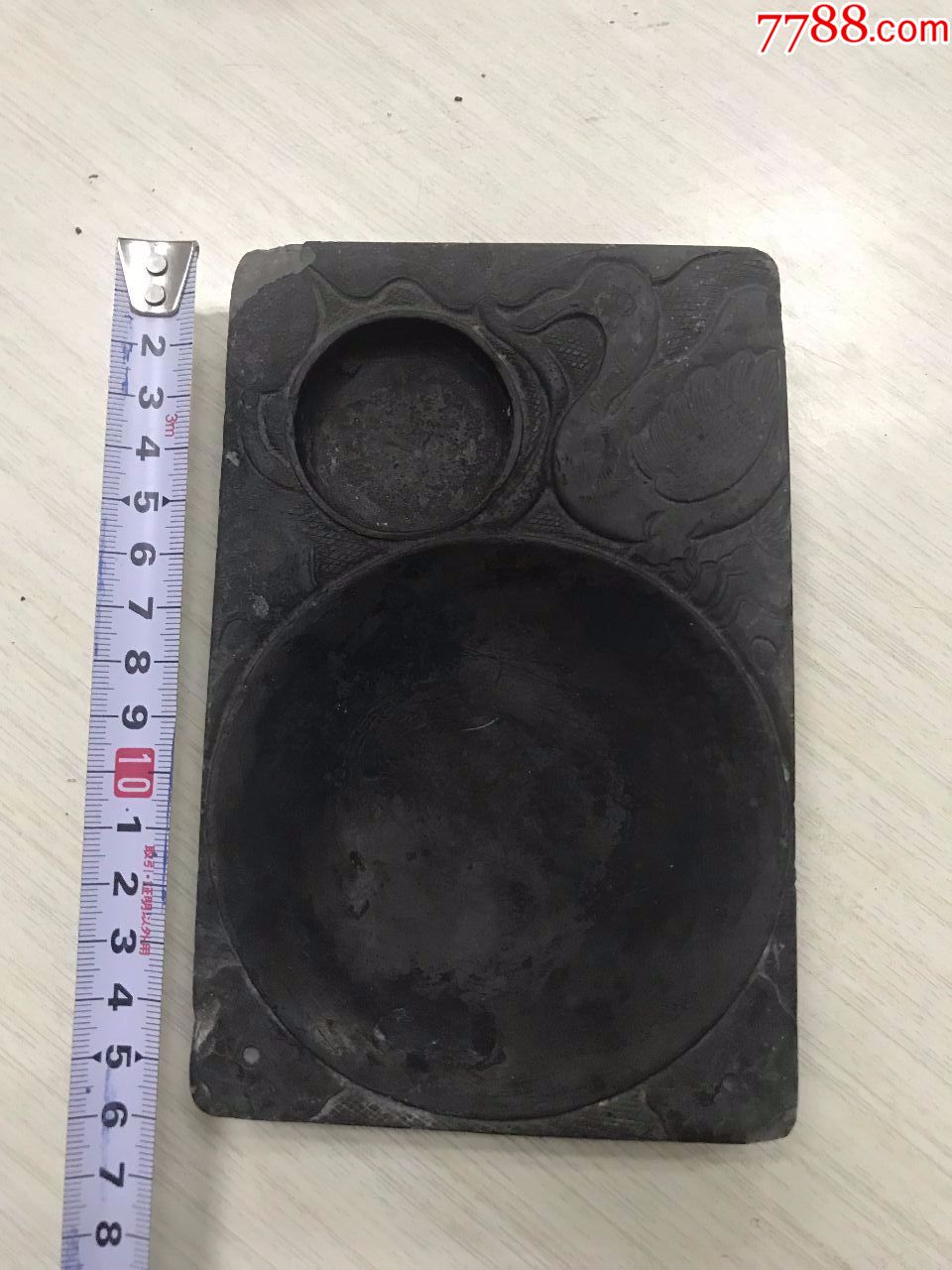 清代绿端,尺寸如图,厚重压手,刻绘莲花莲叶和鹅,下面2角都有浮雕莲叶水纹-价格:1000元-se68054536-端砚-零售-7788收藏__收藏热线