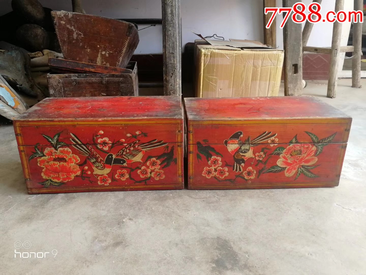彩绘花鸟嫁妆箱一对_木箱_家齐票据收藏【7788收藏__收藏热线】