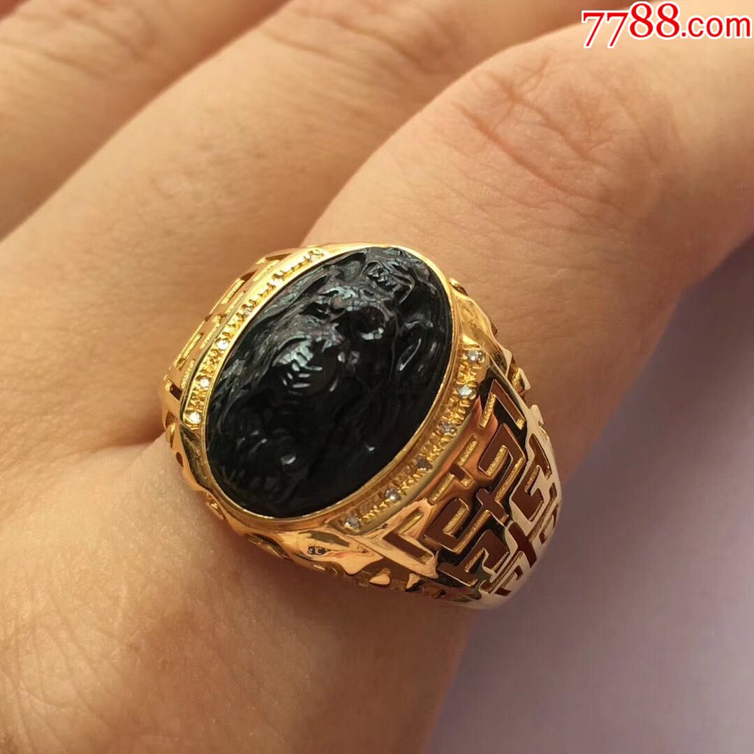 霸气墨翠龙头戒指18k黄金配钻石镶嵌指圈21号