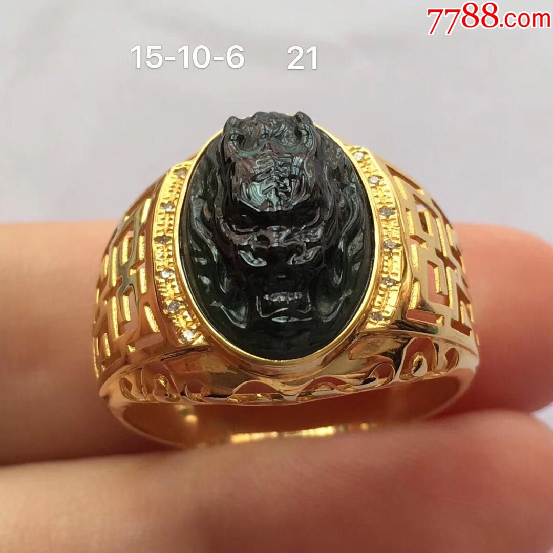 霸气墨翠龙头戒指18k黄金配钻石镶嵌指圈21号