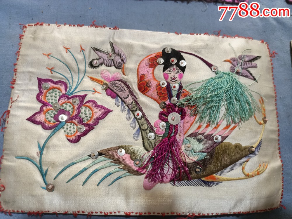 民国刺绣人物花鸟枕顶六片.13/19