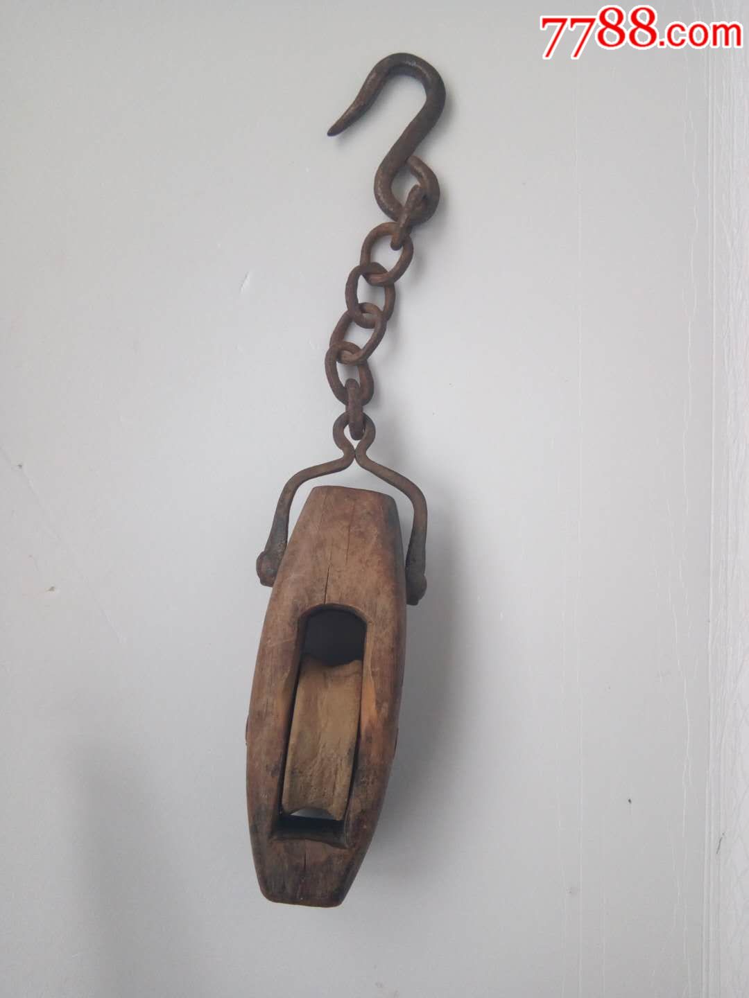 清代遗留老铁链木制滑轮