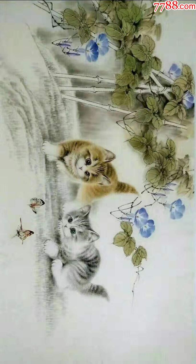 纯手绘书画猫蝶图