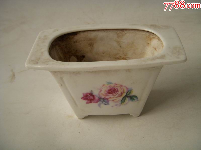 7080年代小號印花白瓷花盆完好真品