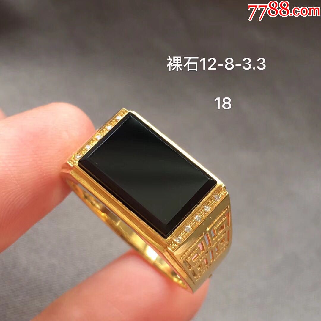 冰种墨翠男戒,18k黄金配钻石镶嵌,黑度十足_价格6000元【云南翡翠狼】