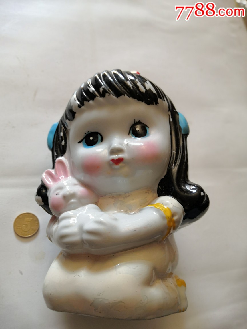老瓷存钱罐～小女孩抱小兔