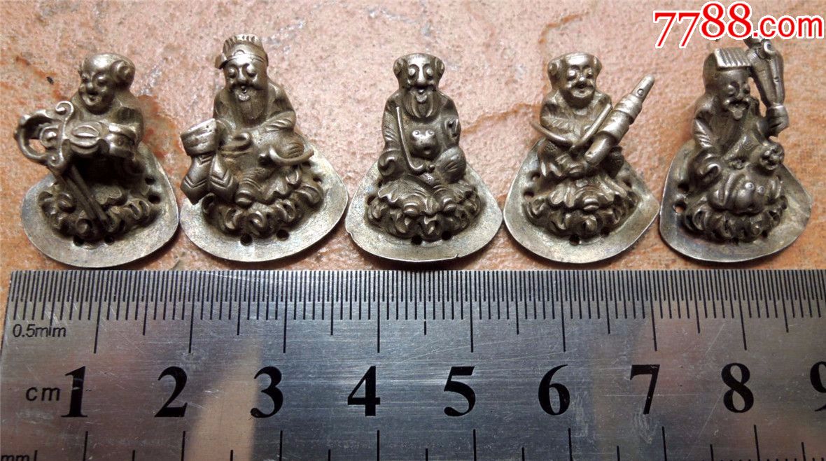 银器收藏190908-清末民国精制小号浮雕八仙老银帽饰五件套13.3g
