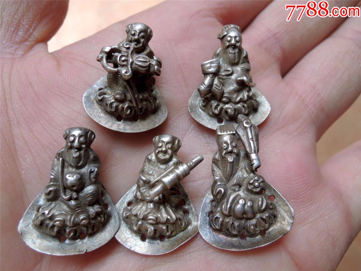 银器收藏190908清末民国精制小号浮雕八仙老银帽饰五件套133g