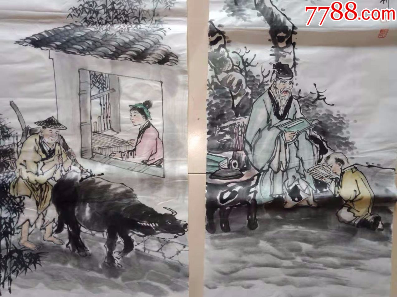 保证纯手工绘画,名家字画,人物画国画,渔樵耕读四条屏,恭喜你