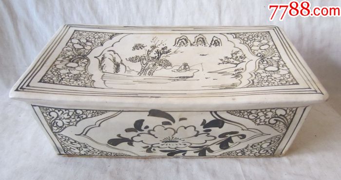 明代磁州窑山水花卉纹瓷枕