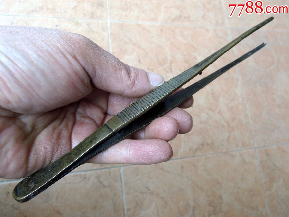 怀旧收藏1910民国边疆老包浆錾纹异型头大号铜镊子57g215cm