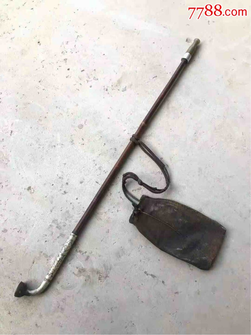 下乡所得55公分长铜锅玉嘴老烟袋一套雕花烟锅包铝玉嘴纯皮荷包全品包