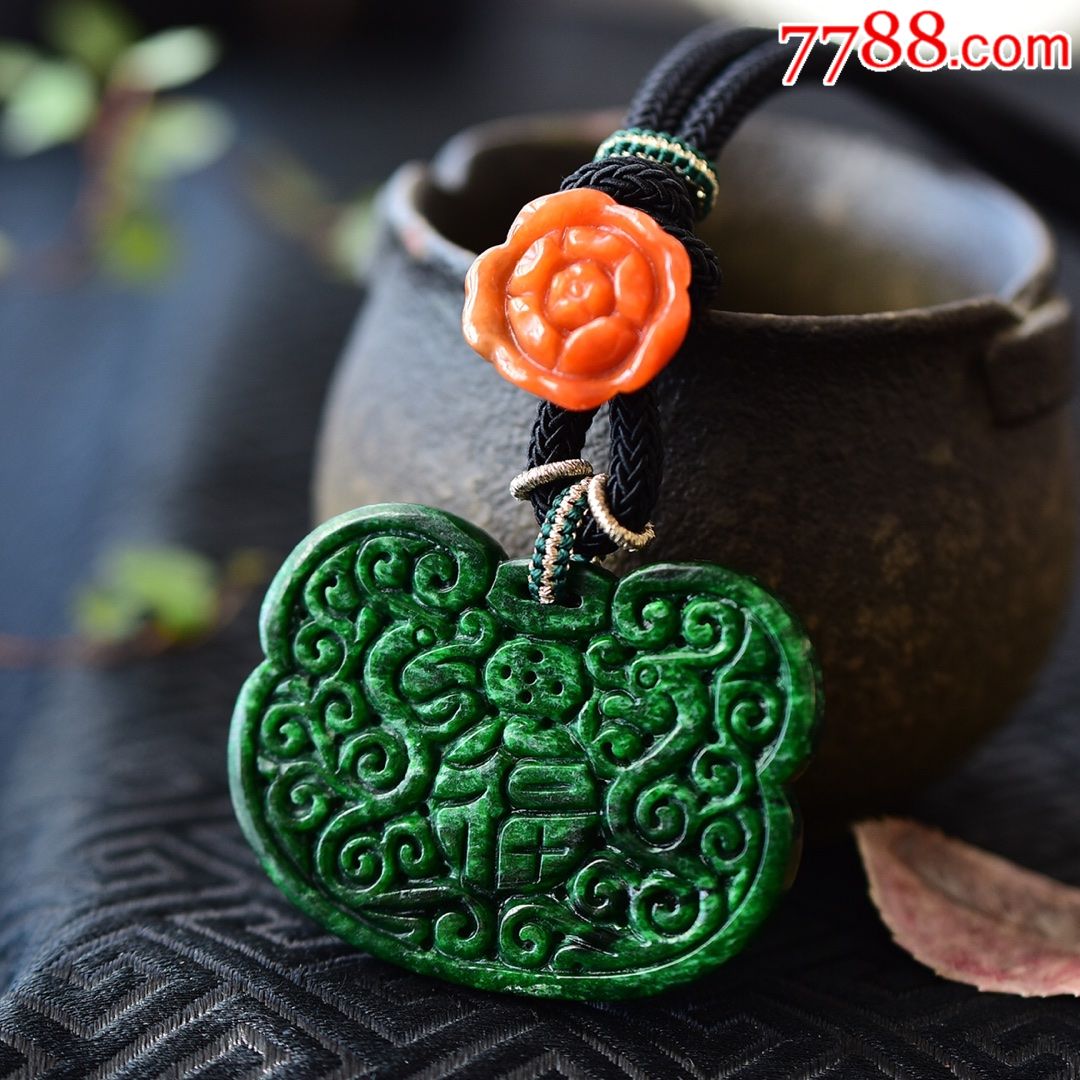 精品天然a货精品老翡翠复古如意吊坠/项链