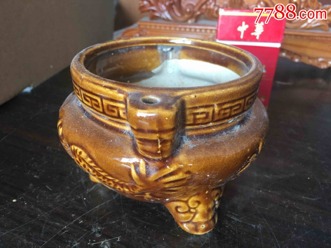 创汇时期金玉满堂双龙戏珠香炉,酱釉老瓷器