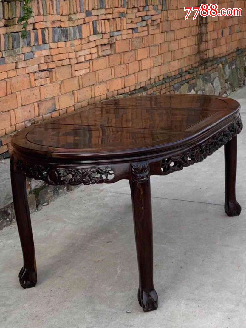 八十年代土豪用的上海产老红木大红酸枝老虎腿雕刻二龙戏珠餐桌七件套