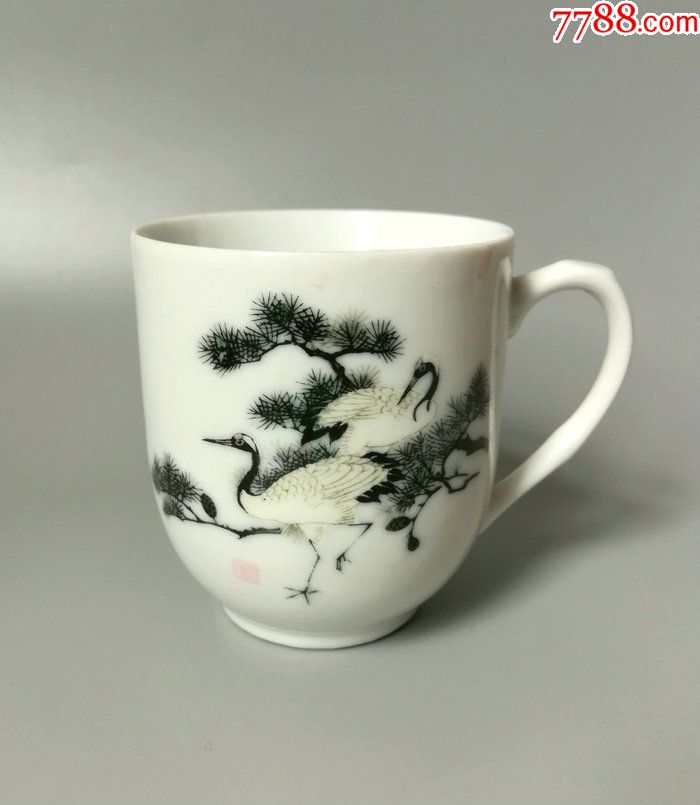 文革瓷器茶杯醴陵板杉款釉下彩松鹤延年大球泥白瓷如玉古董