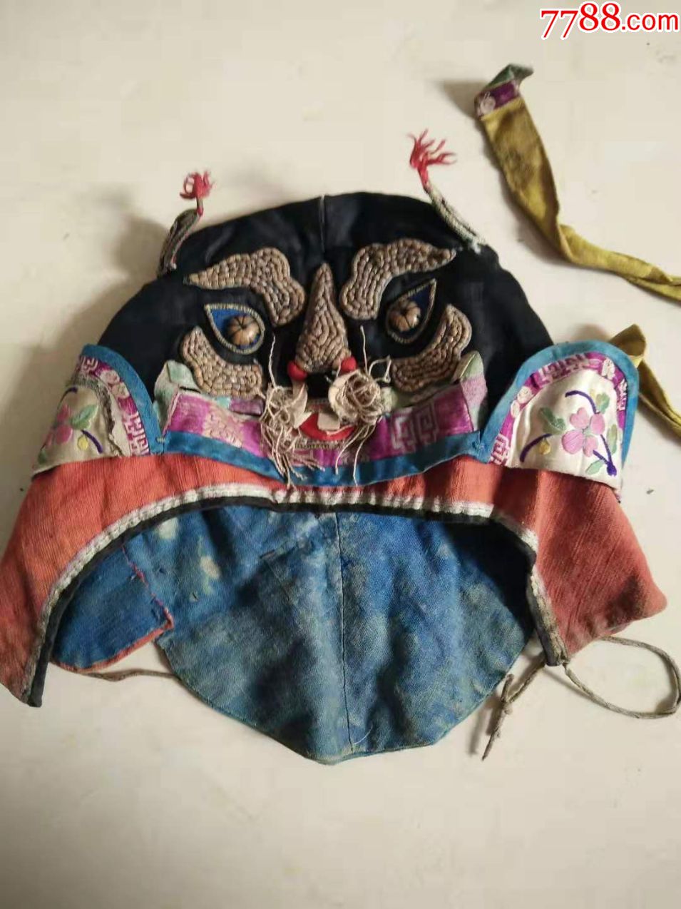 清代老针织绣花《老虎帽子>民俗老物件古玩收藏品_价