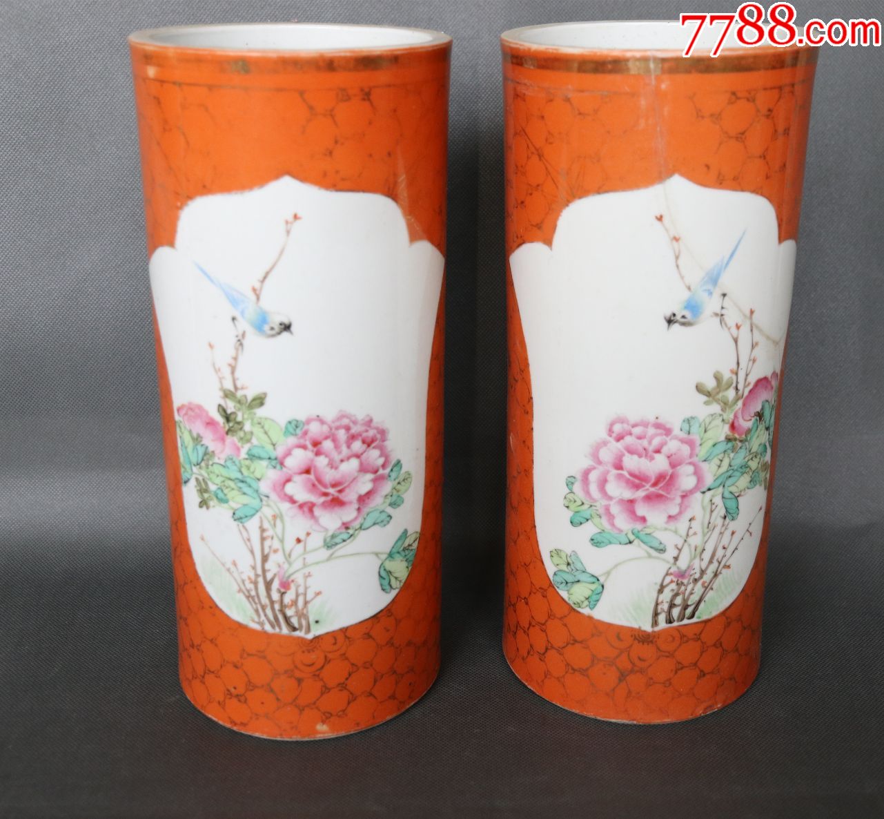 花鸟描金开光帽筒