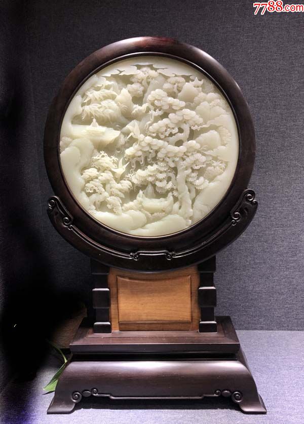 和田玉渔樵耕读双面精工雕插屏风摆件