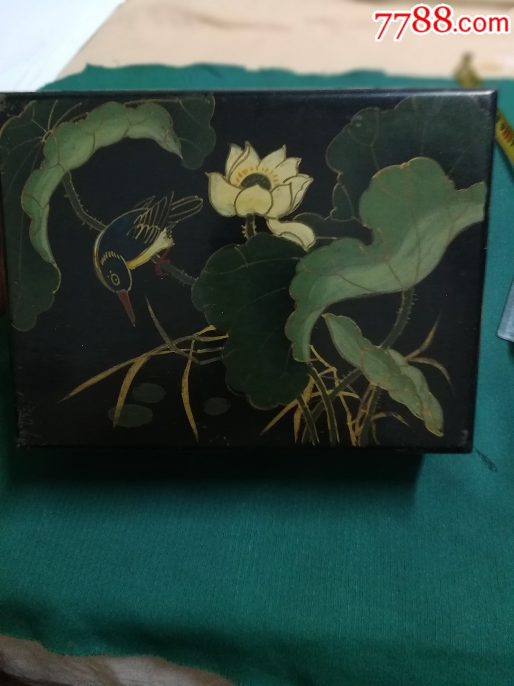 实木制作漆画底荷花荷叶与水鸟图木盒四面画手绘