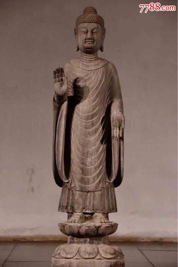 唐韵释迦摩尼站佛青石尺寸高100直径30佛像站立莲花座神韵慈祥