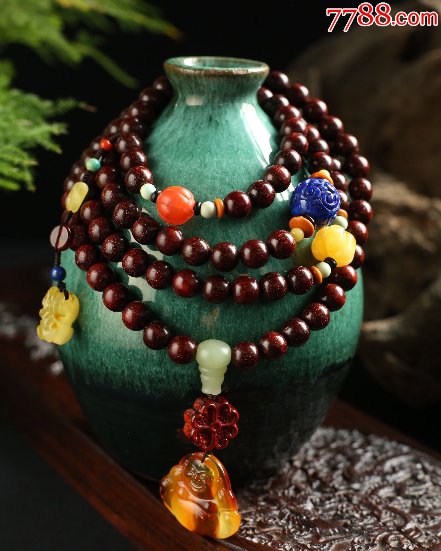 【金星小叶紫檀蜜蜡弥勒佛】正宗印度小叶紫檀8mm108颗佛珠手串