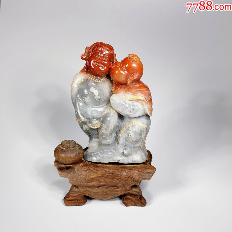 老寿山芙蓉石俏色童趣金童玉女人物石雕摆件鸿运当头色泽极美收藏