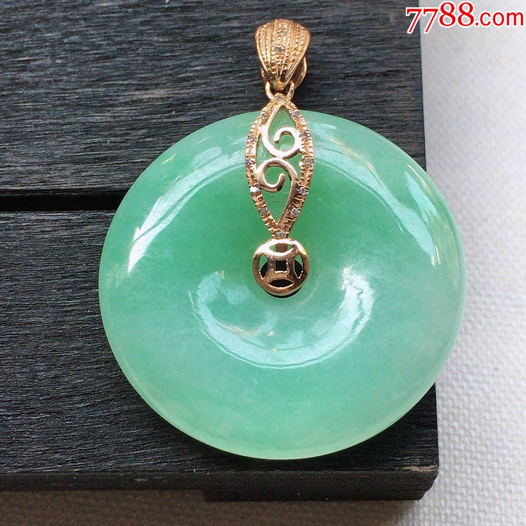 天然翡翠a货老坑冰糯种满绿平安扣18k金伴钻吊坠水润起光精雕玉挂件