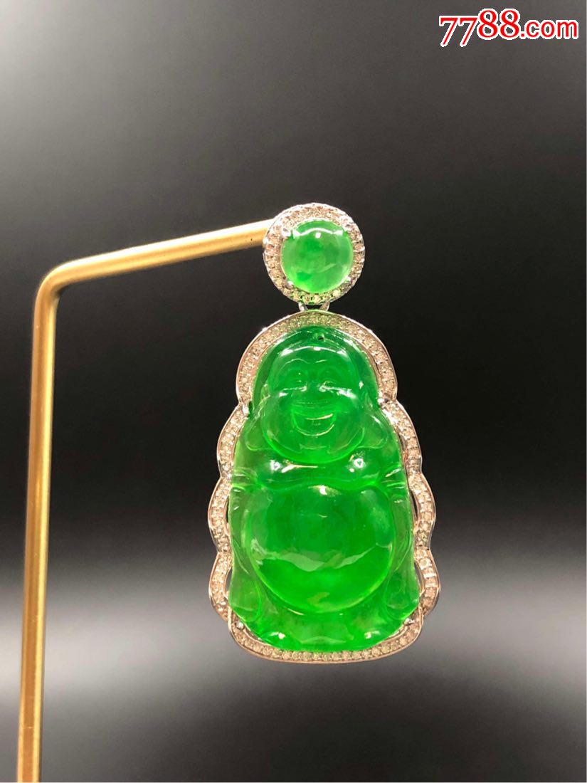 硬金镶嵌冰种满绿翡翠站佛吊坠