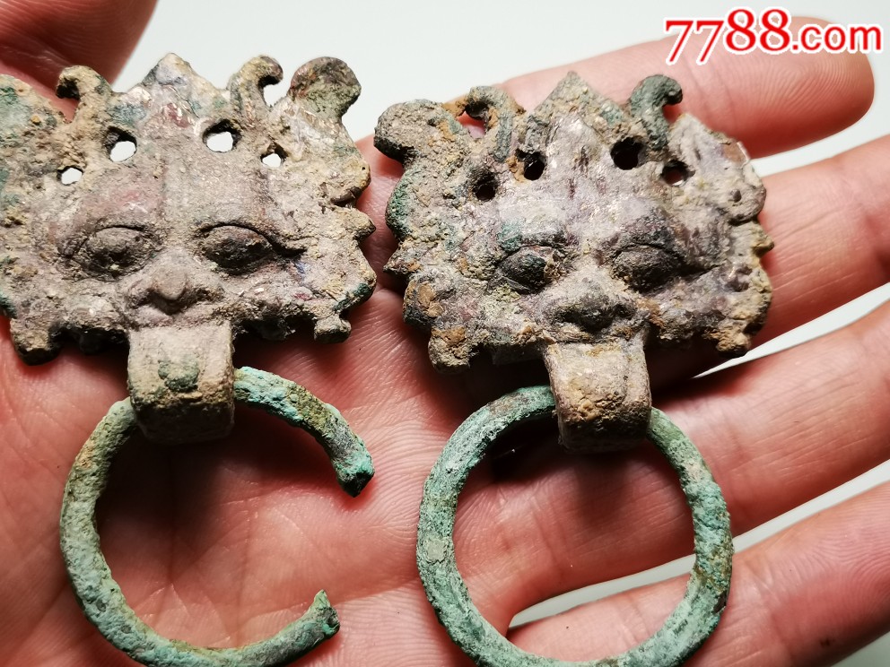 战汉青铜鎏金兽面铺首衔环一对