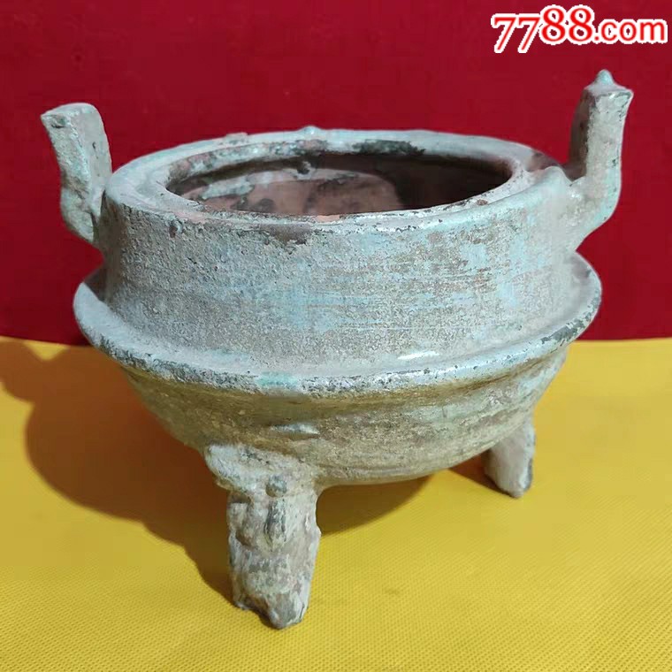 汉代陶器陶鼎三足兽头绿釉银光高16宽19cm13公斤全品包老