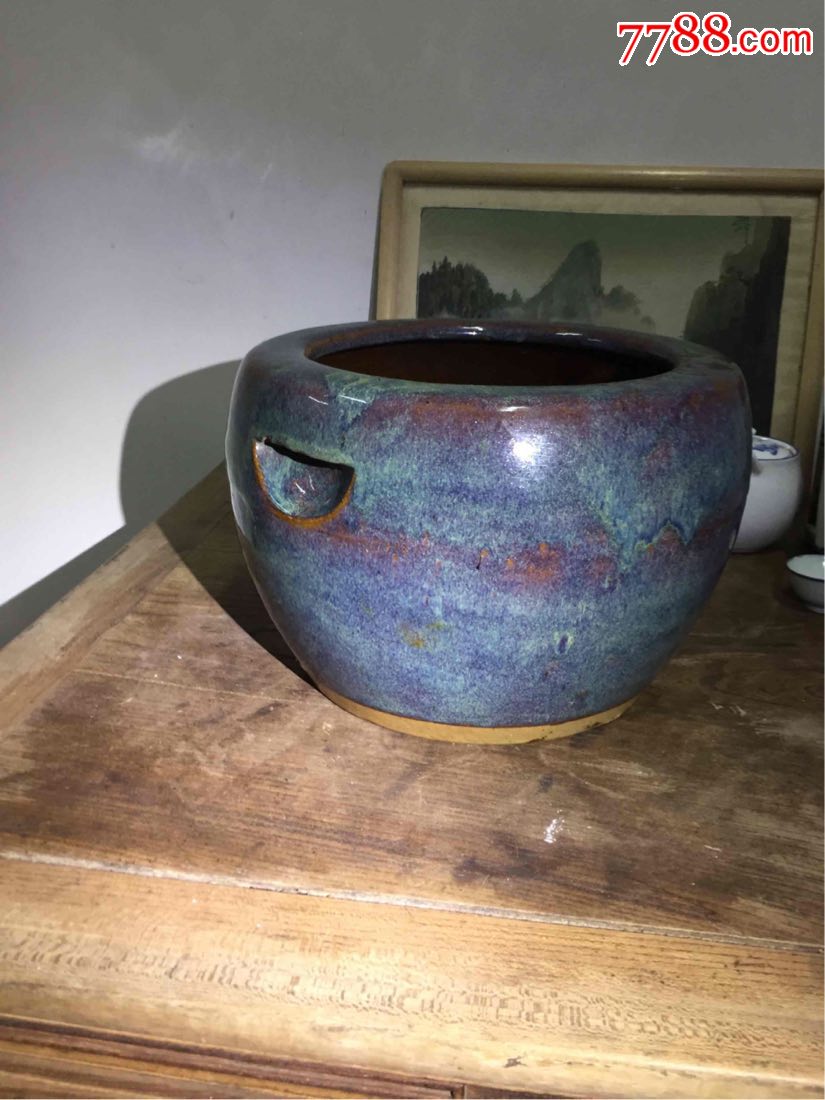 民国宜兴钧釉紫砂画缸卷缸口沿一线长10公分如图余全品
